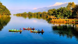 Travelers on the boat at Phewa Lake Pokhara.