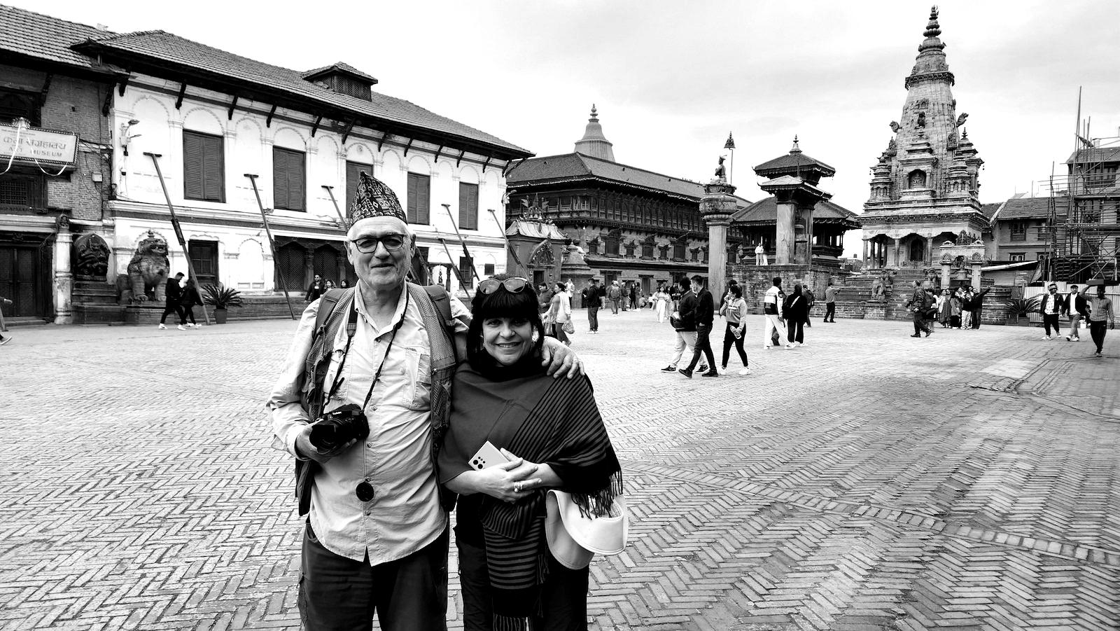 Daniel and Mariela from Uruguay are posing for the picture in Bhaktapur Durbar Square. Daniel looks good with those Nepali Dhaka Topi.