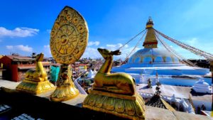 Boudhanath Stupa seen from the monastery in the southern direction with two deer.