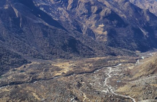 Arial view of Langtang Valley with majestic peaks, lush landscapes, and the winding Trisuli River, showcasing the natural beauty of the Himalayas